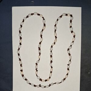 Long Natural Shell & Dark Seed Bead Necklace